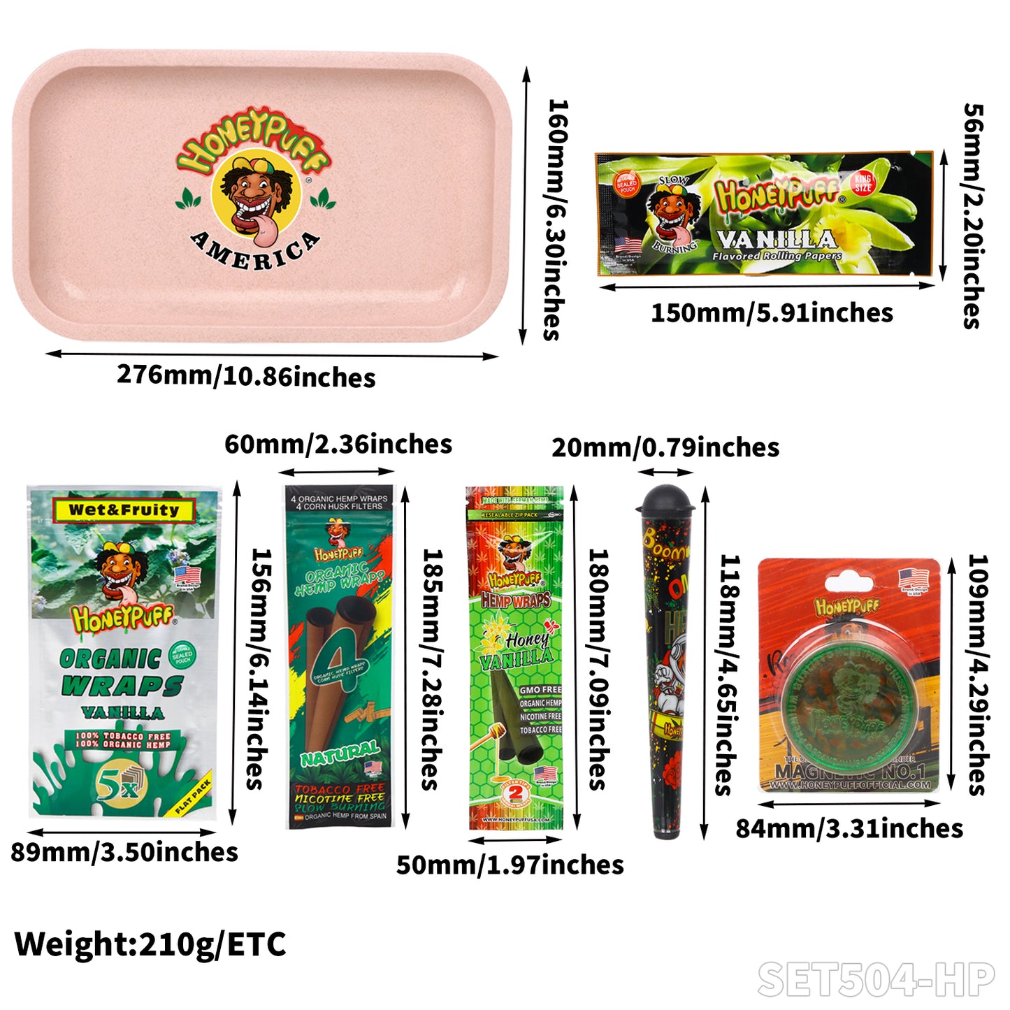 Honeypuff smoking kit with biodegradable rolling tray+3 bags hemp wrap+1 pack rolling paper+1 pcs joint holder+1 pcs plasitc grinder