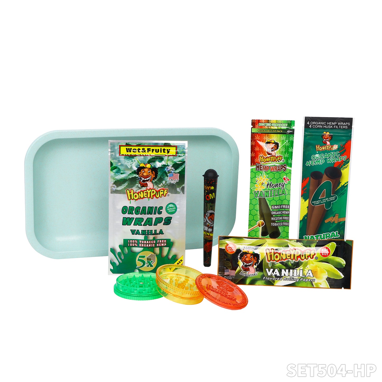 Honeypuff smoking kit with biodegradable rolling tray+3 bags hemp wrap+1 pack rolling paper+1 pcs joint holder+1 pcs plasitc grinder