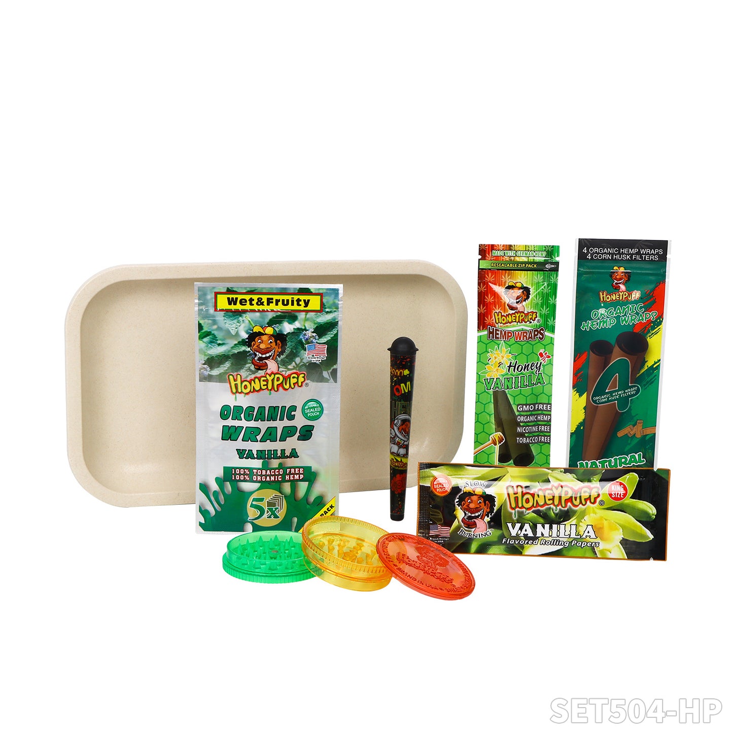 Honeypuff smoking kit with biodegradable rolling tray+3 bags hemp wrap+1 pack rolling paper+1 pcs joint holder+1 pcs plasitc grinder