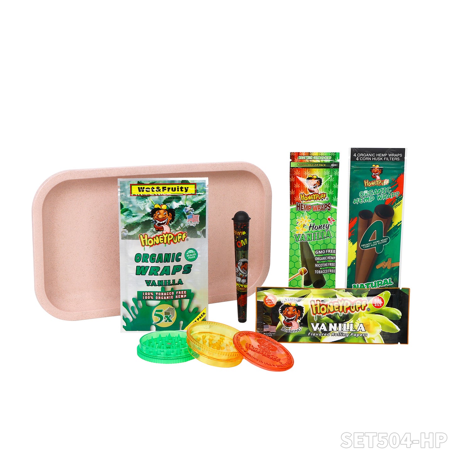 Honeypuff smoking kit with biodegradable rolling tray+3 bags hemp wrap+1 pack rolling paper+1 pcs joint holder+1 pcs plasitc grinder
