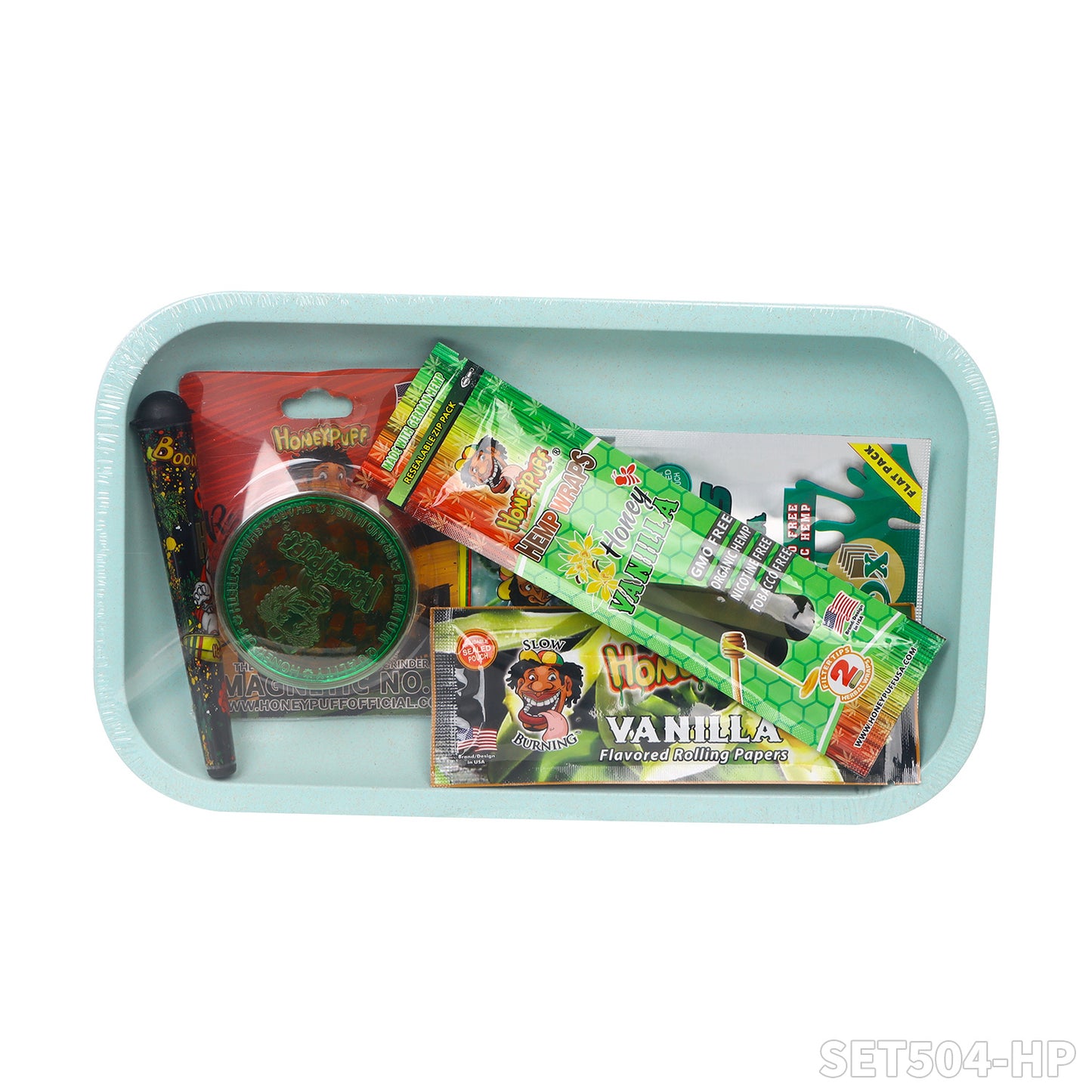 Honeypuff smoking kit with biodegradable rolling tray+3 bags hemp wrap+1 pack rolling paper+1 pcs joint holder+1 pcs plasitc grinder