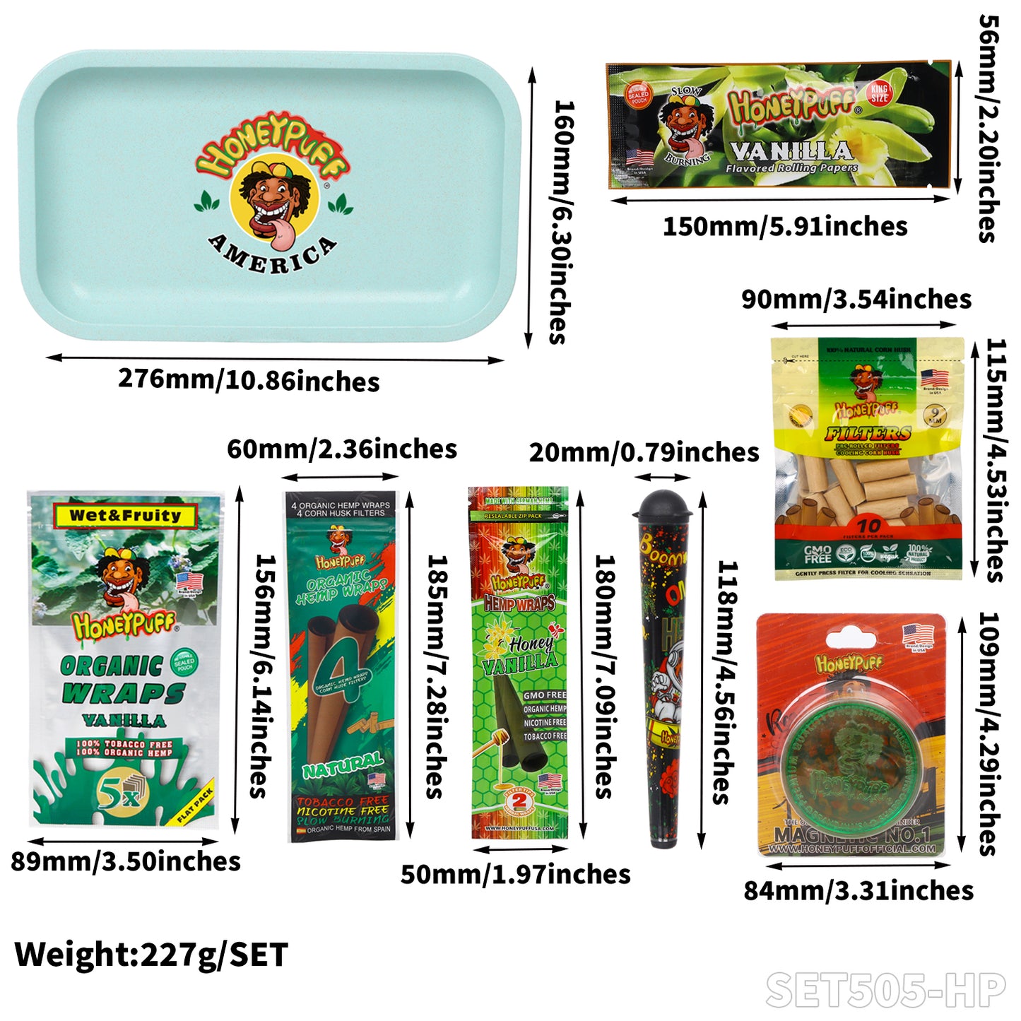 Honeypuff smoking kit with biodegradable rolling tray+3 bags hemp wrap+1 pack rolling paper+1 pcs joint holder+1 pcs plasitc grinder+2 bags filter tips