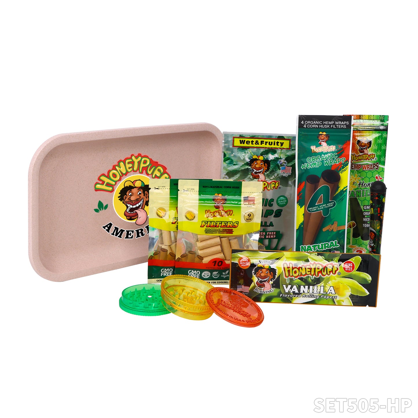 Honeypuff smoking kit with biodegradable rolling tray+3 bags hemp wrap+1 pack rolling paper+1 pcs joint holder+1 pcs plasitc grinder+2 bags filter tips