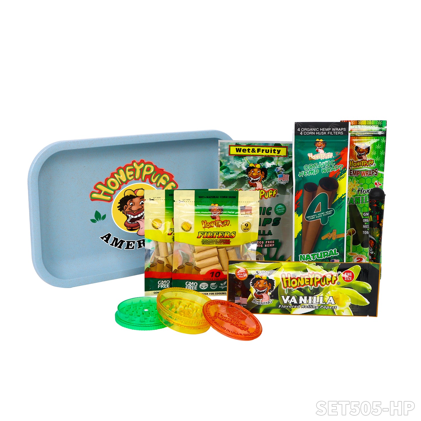 Honeypuff smoking kit with biodegradable rolling tray+3 bags hemp wrap+1 pack rolling paper+1 pcs joint holder+1 pcs plasitc grinder+2 bags filter tips