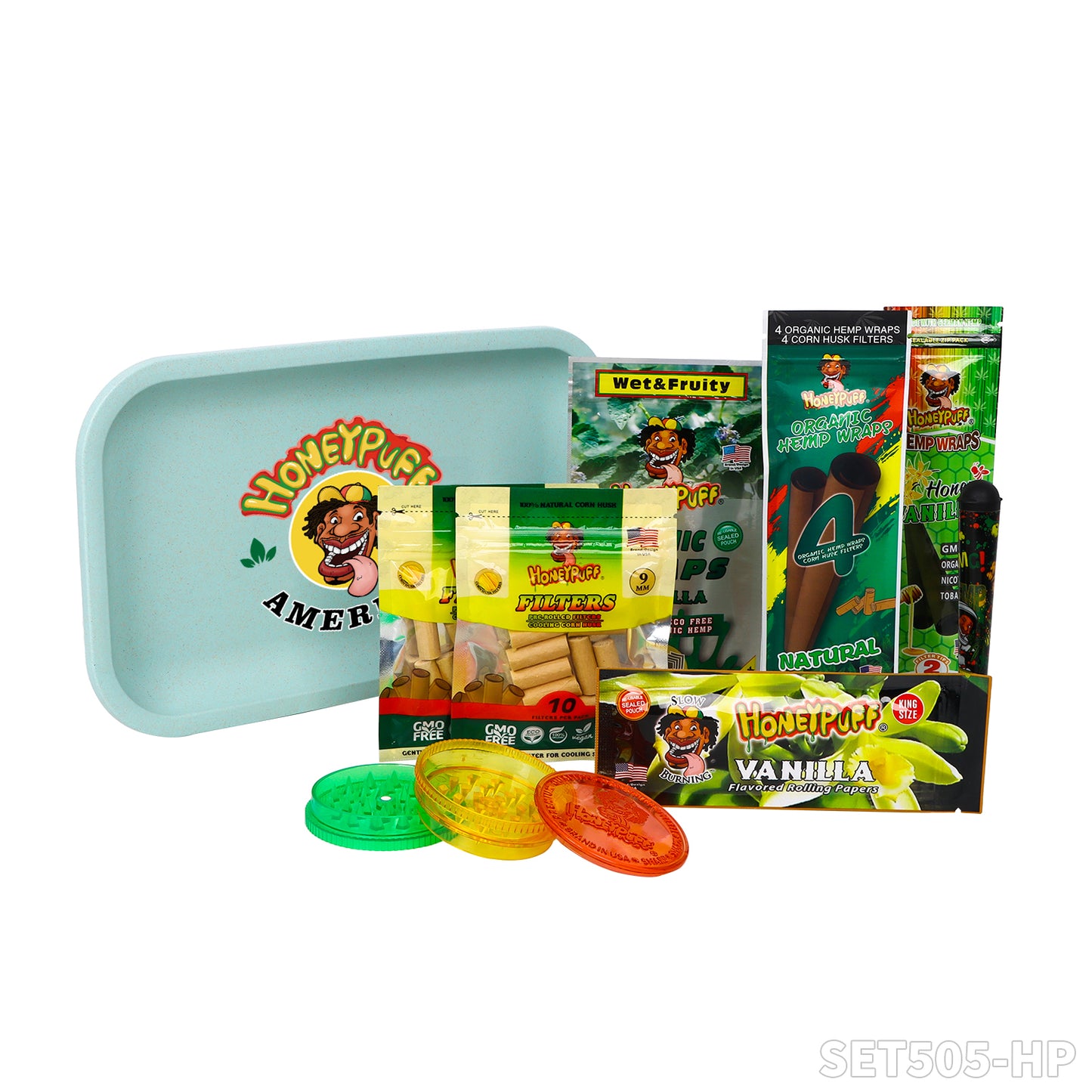 Honeypuff smoking kit with biodegradable rolling tray+3 bags hemp wrap+1 pack rolling paper+1 pcs joint holder+1 pcs plasitc grinder+2 bags filter tips