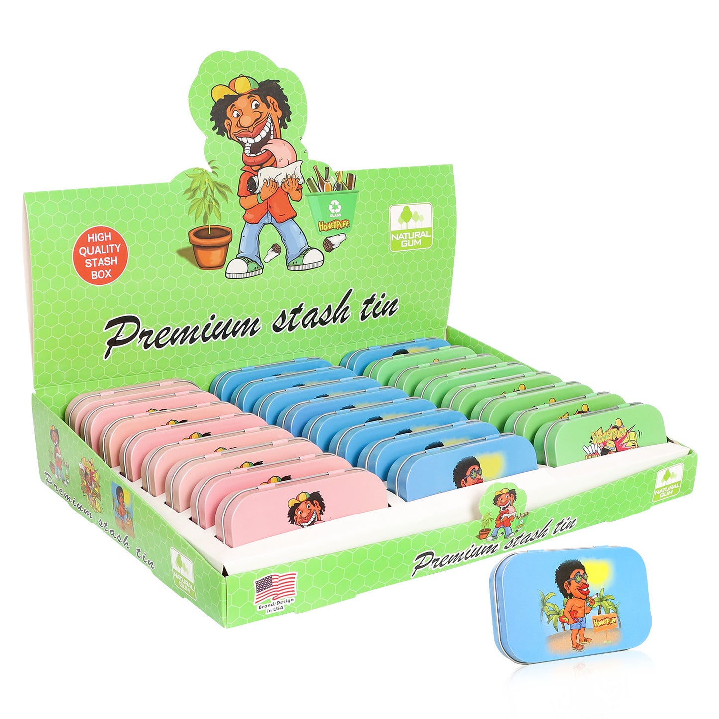 HONEYPUFF Tinplate Tobacco Storage Box, Three Color ( Blue, Green, Pink ) Metal Tin, 100 x 65 x 20 mm Size Portable Storage Box, 24 PCS / Box