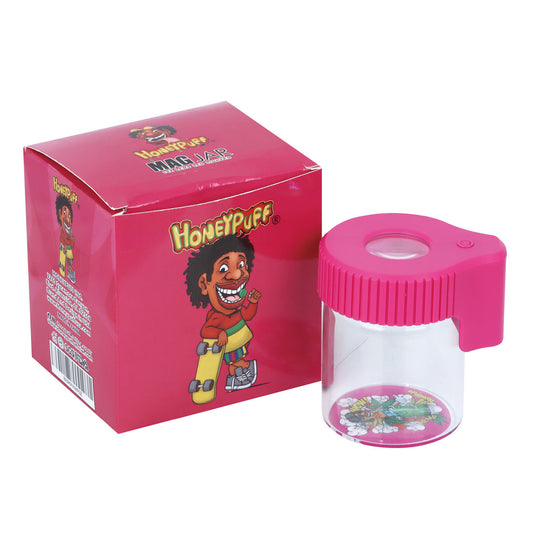 HONEYPUFF Vorratsglas mit LED-Beleuchtung, luftdichtes Glas mit Vergrößerungsglas, rosafarbener Deckel, wiederaufladbarer Glasbehälter, 155 ml