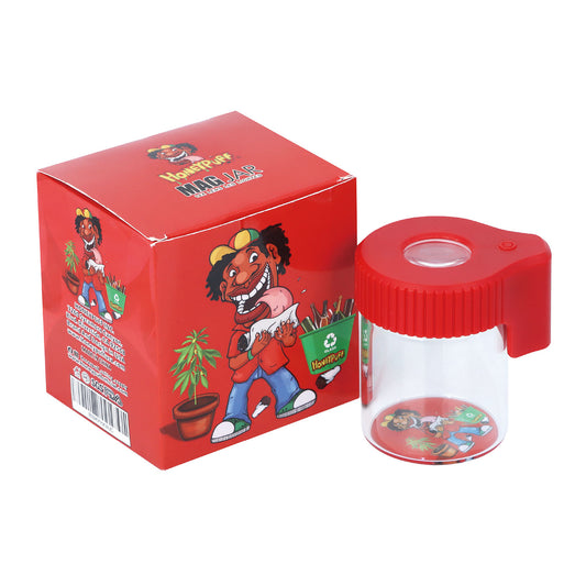 HONEYPUFF Vorratsglas mit LED-Beleuchtung, luftdichtes Glas mit Vergrößerungsglas, roter Deckel, wiederaufladbarer Glasbehälter, 155 ml