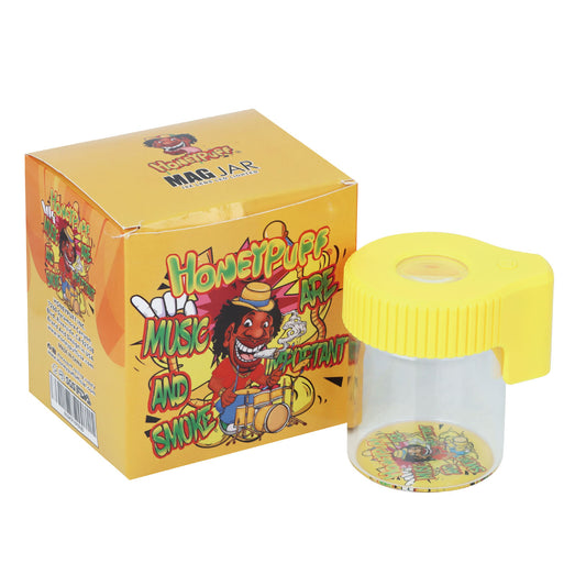 HONEYPUFF Vorratsglas mit LED-Beleuchtung, luftdichtes Glas mit Vergrößerungsglas, gelber Deckel, wiederaufladbarer Glasbehälter, 155 ml