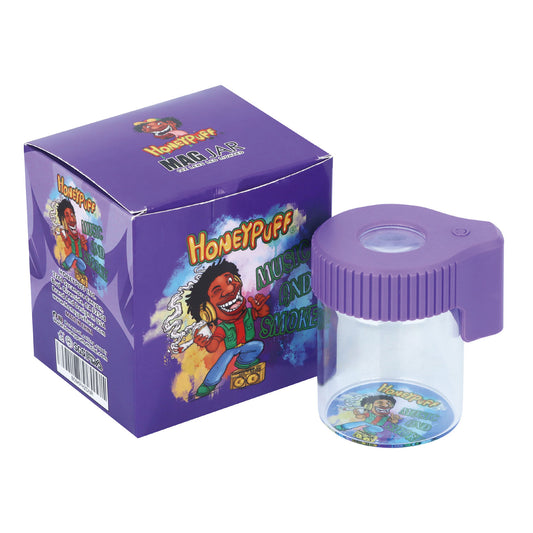 HONEYPUFF Vorratsglas mit LED-Beleuchtung, luftdichtes Glas mit Vergrößerungsglas, violetter Deckel, wiederaufladbarer Glasbehälter, 155 ml