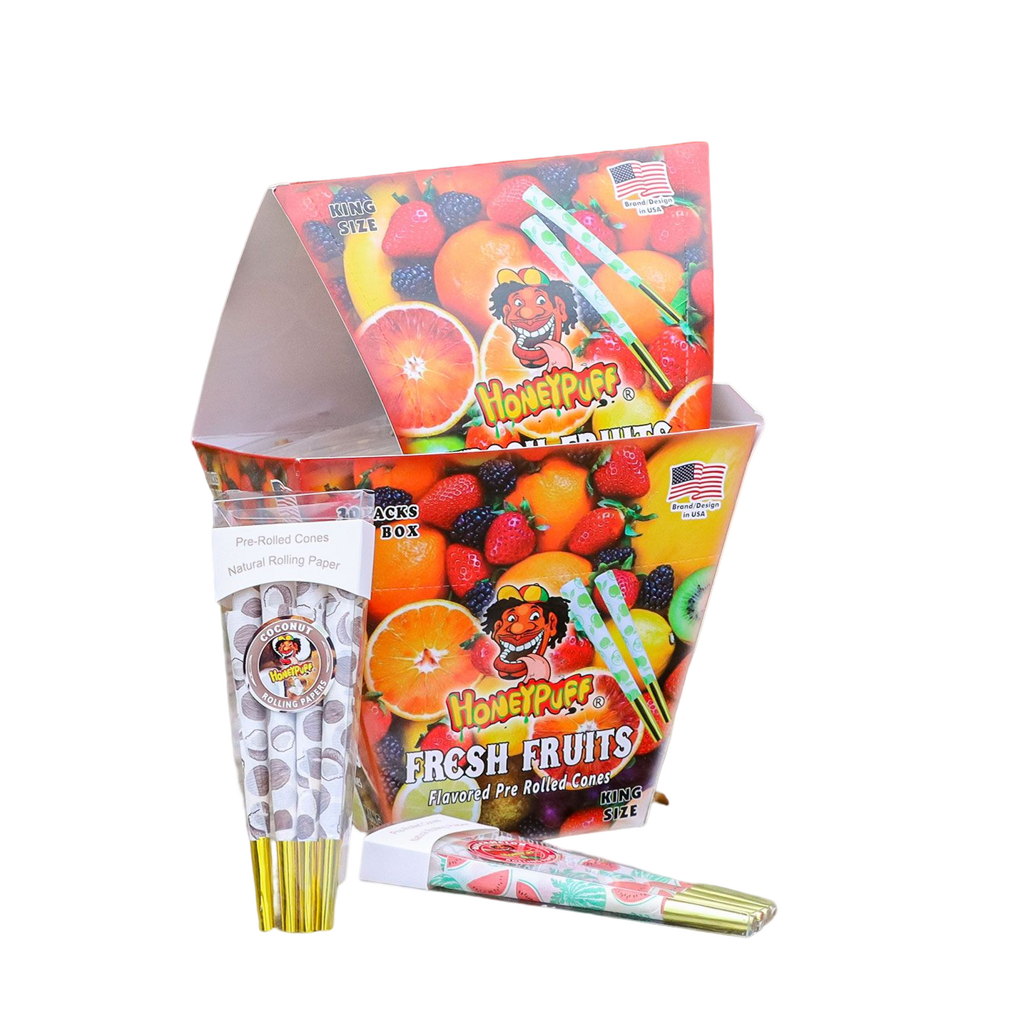 HONEYPUFF Mix Fruit Flavored Pre Rolled Cones, King Size Pre Rolled Rolling Paper with Golden Tips, Slow Burning Pre Rolled Paper Cones with Cones Loaders (8 Pcs)