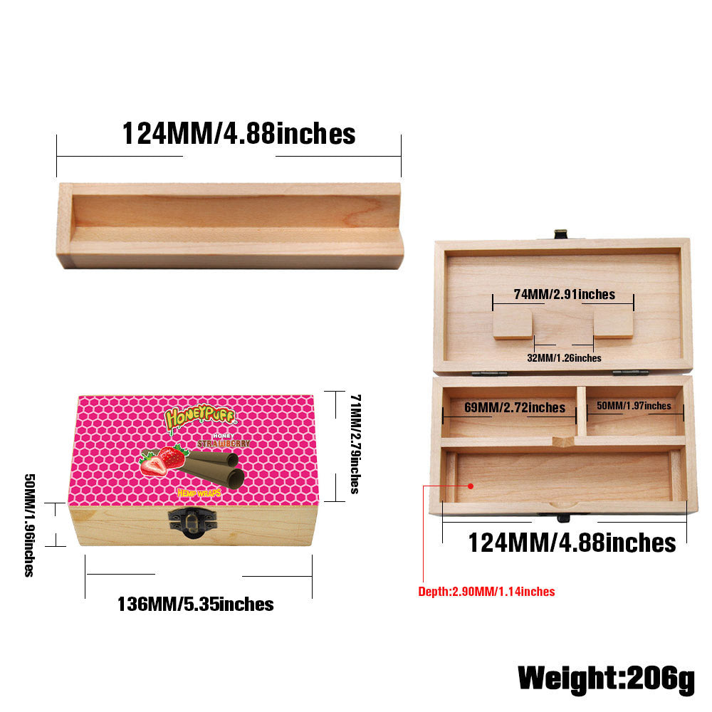 HONEYPUFF Handmade Tobacco Smoking Herb with Dark Pink Lid Cover, Lockable Wooden Box, 5.4” x 2.8” x 2.0” Size Storage Box