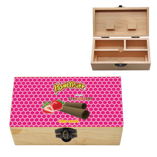 HONEYPUFF Handmade Tobacco Smoking Herb with Dark Pink Lid Cover, Lockable Wooden Box, 5.4” x 2.8” x 2.0” Size Storage Box