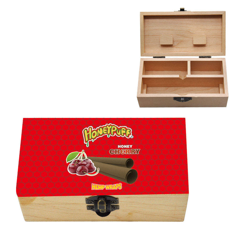 HONEYPUFF Handmade Tobacco Smoking Herb with Red Lid Cover, Lockable Wooden Box, 5.4” x 2.8” x 2.0” Size Storage Box