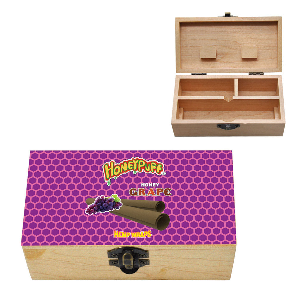 HONEYPUFF Handmade Tobacco Smoking Herb with Purple Lid Cover, Lockable Wooden Box, 5.4” x 2.8” x 2.0” Size Storage Box