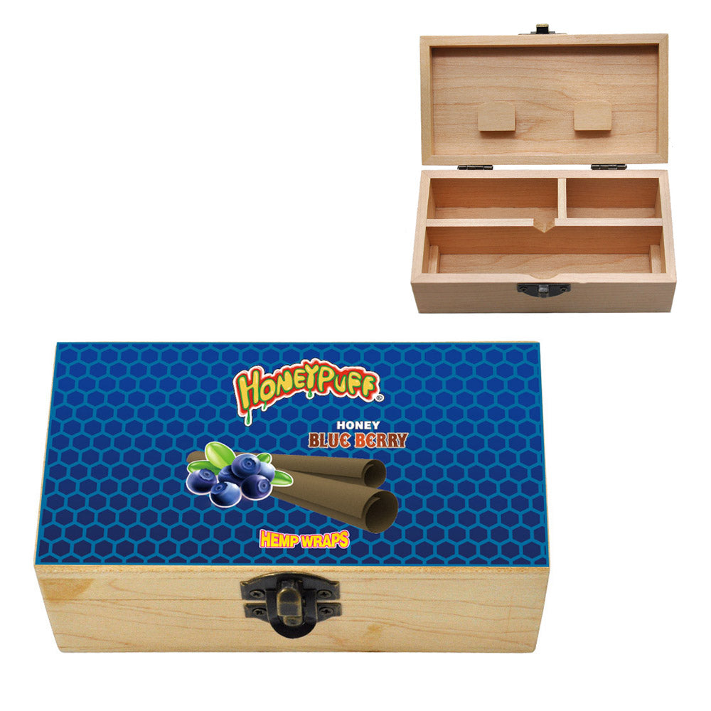 HONEYPUFF Handmade Tobacco Smoking Herb with Dark Blue Lid Cover, Lockable Wooden Box, 5.4” x 2.8” x 2.0” Size Storage Box