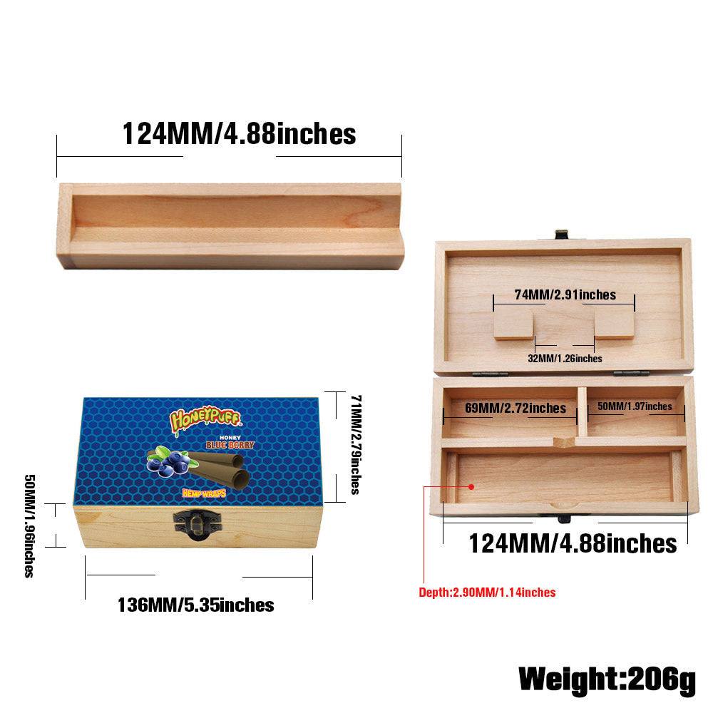 HONEYPUFF Handmade Tobacco Smoking Herb with Dark Blue Lid Cover, Lockable Wooden Box, 5.4” x 2.8” x 2.0” Size Storage Box