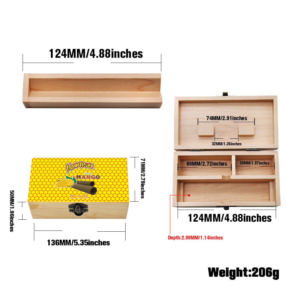 HONEYPUFF Handmade Tobacco Smoking Herb with Yellow Lid Cover, Lockable Wooden Box, 5.4” x 2.8” x 2.0” Size Storage Box