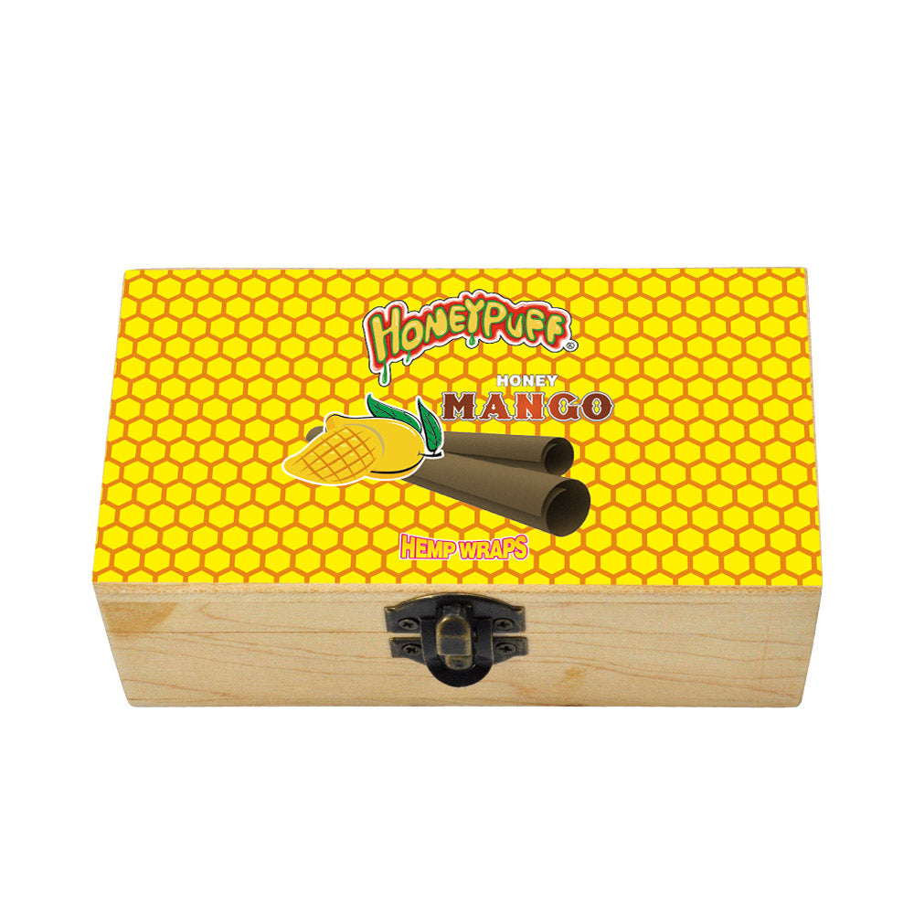 HONEYPUFF Handmade Tobacco Smoking Herb with Yellow Lid Cover, Lockable Wooden Box, 5.4” x 2.8” x 2.0” Size Storage Box