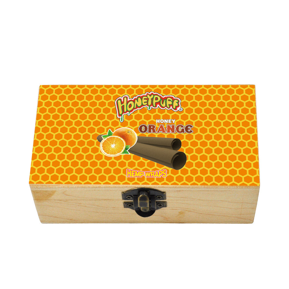 HONEYPUFF Handmade Tobacco Smoking Herb with Orange Lid Cover, Lockable Wooden Box, 5.4” x 2.8” x 2.0” Size Storage Box