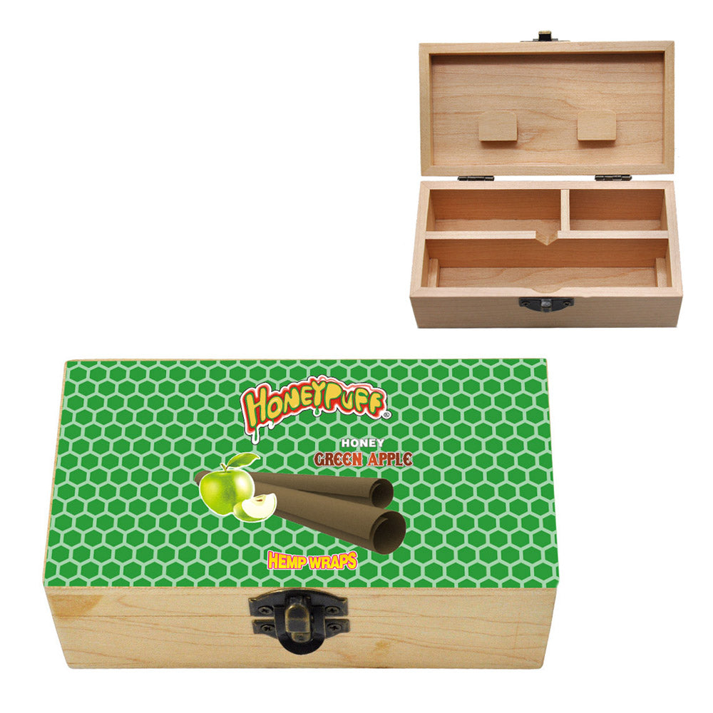HONEYPUFF Handmade Tobacco Smoking Herb with Dark Green Lid Cover, Lockable Wooden Box, 5.4” x 2.8” x 2.0” Size Storage Box