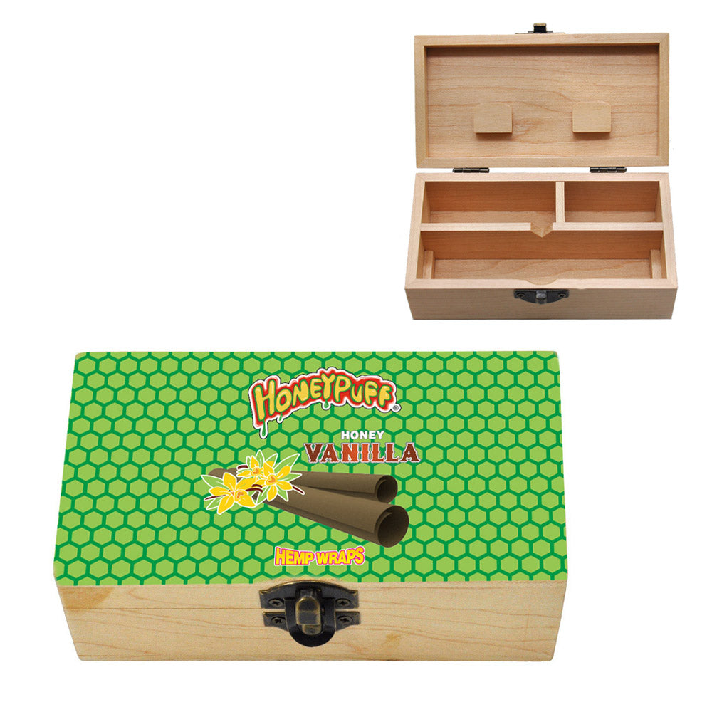 HONEYPUFF Handmade Tobacco Smoking Herb with Green Lid Cover, Lockable Wooden Box, 5.4” x 2.8” x 2.0” Size Storage Box