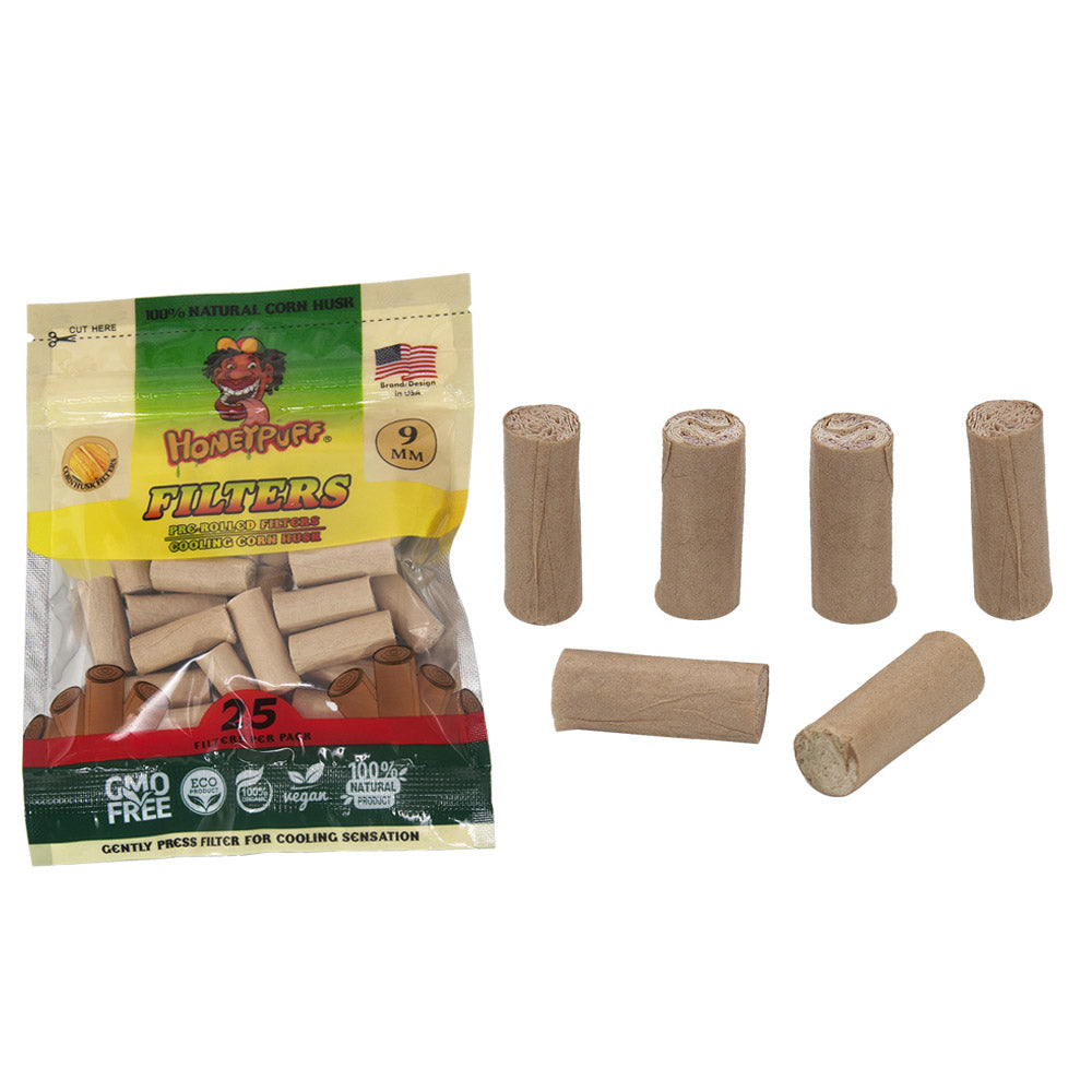 HONEYPUFF Corn Husk Filter Tips, Organic Pre Rolled Tips, Ø 9 Filters Tip, 25 Tips / Pack 24 Pack / Box
