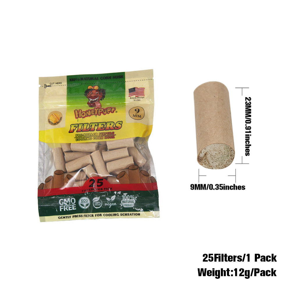 HONEYPUFF Corn Husk Filter Tips, Organic Pre Rolled Tips, Ø 9 Filters Tip, 25 Tips / Pack 24 Pack / Box