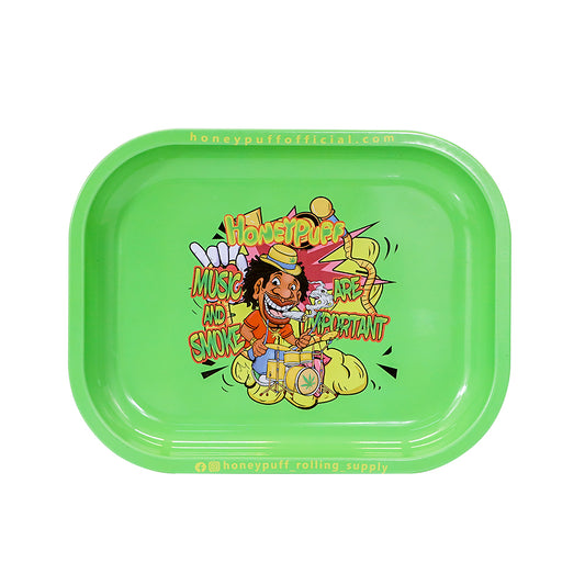 HONEYPUFF Green Color Tinplate Metal Rolling Tray, 7” x 5.5” Size Portable Cigarette Rolling Paper Tray, Smooth Rounded Edge Rolling Paper Tray