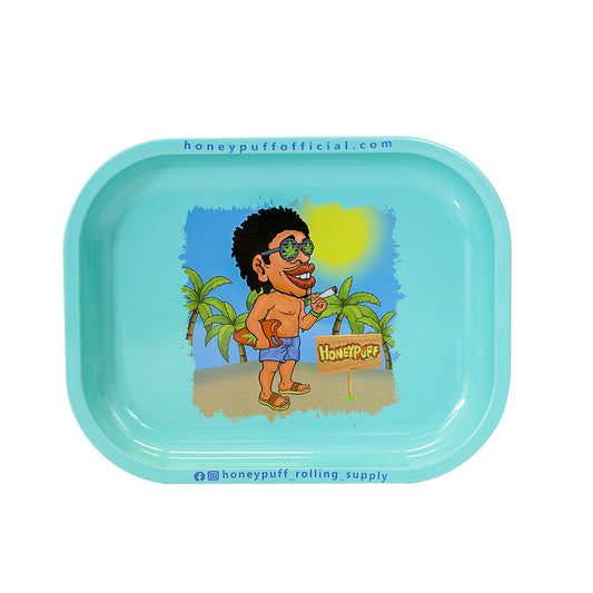 HONEYPUFF Blue Color Tinplate Metal Rolling Tray, 7” x 5.5” Size Portable Cigarette Rolling Paper Tray, Smooth Rounded Edge Rolling Paper Tray