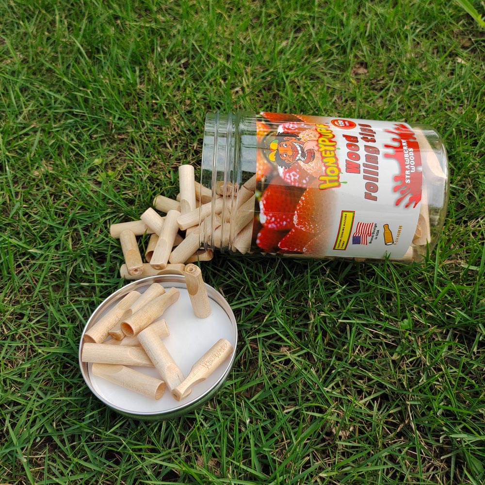 HONEYPUFF Strawberry Flavored Wood Rolling Filter Tips, 40 mm Cigarette Holder, 120 Tips / Jar