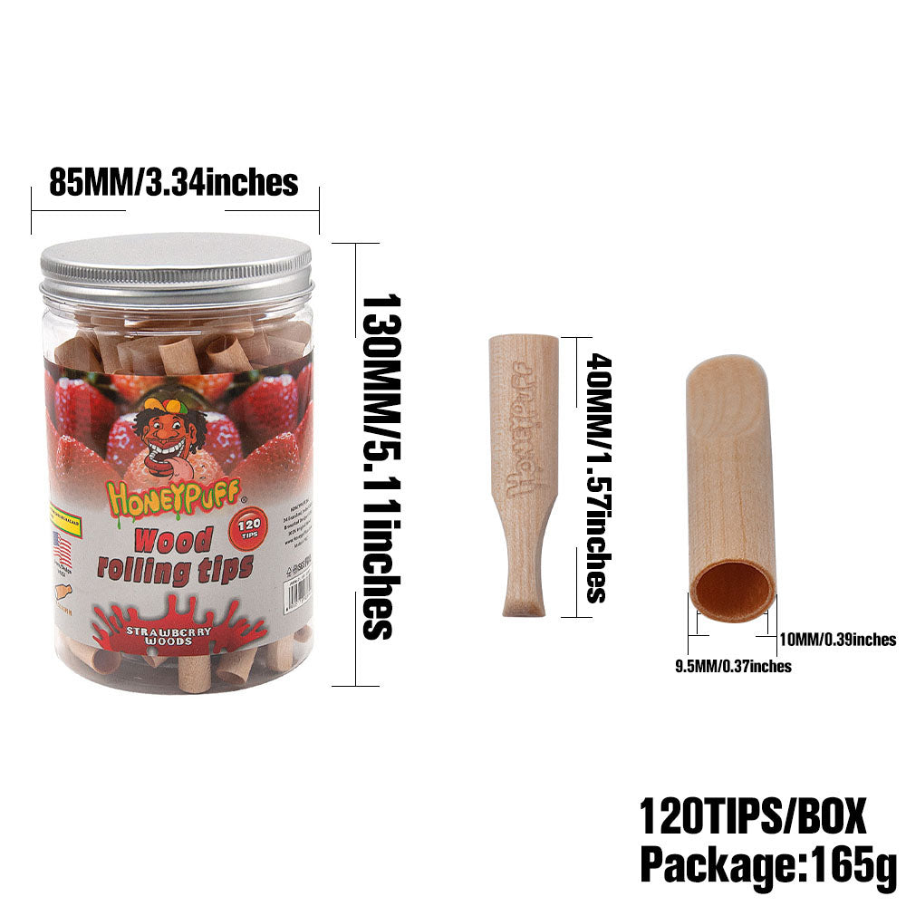 HONEYPUFF Strawberry Flavored Wood Rolling Filter Tips, 40 mm Cigarette Holder, 120 Tips / Jar