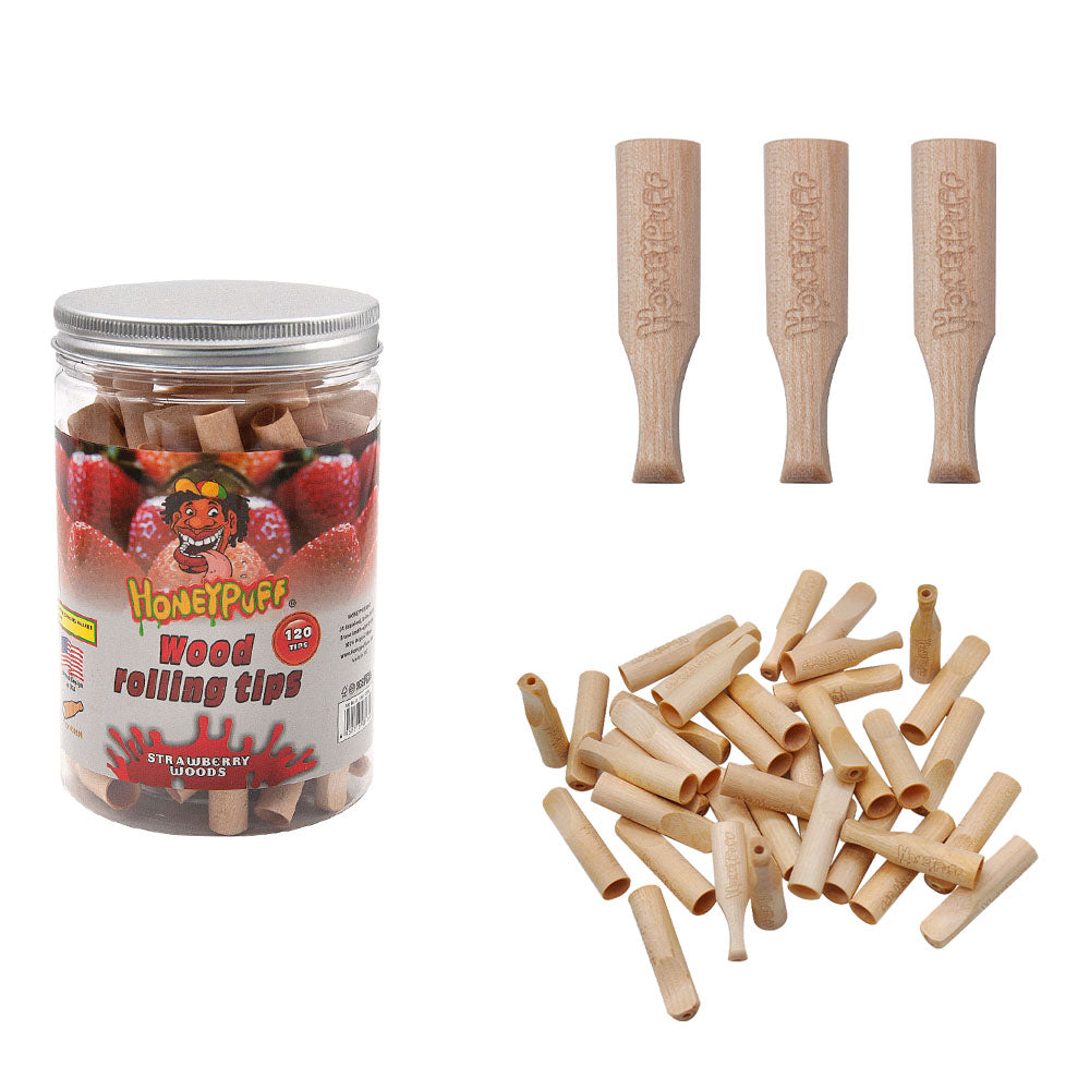 HONEYPUFF Strawberry Flavored Wood Rolling Filter Tips, 40 mm Cigarette Holder, 120 Tips / Jar