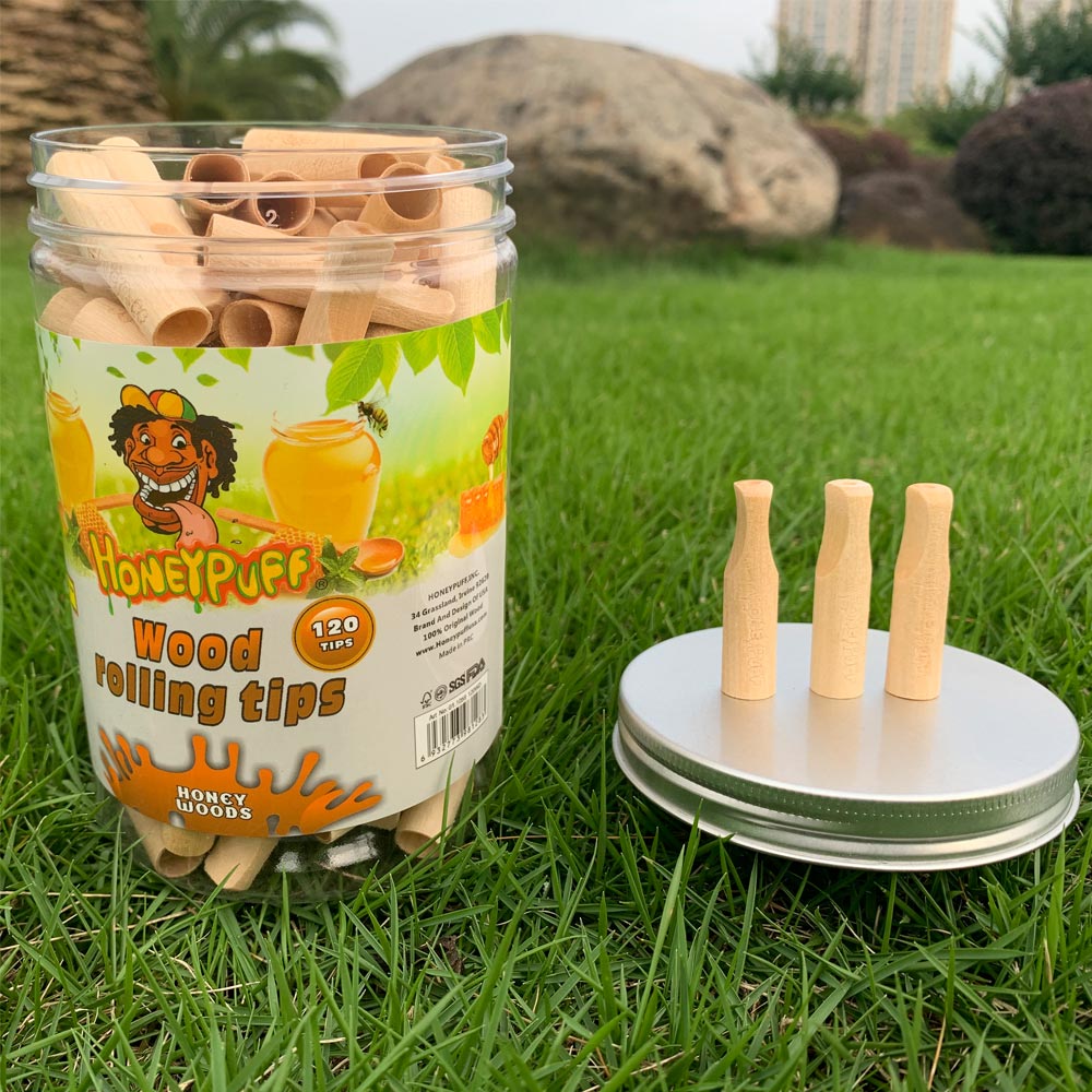 HONEYPUFF Honey Flavored Wood Rolling Filter Tips, 40 mm Cigarette Holder, 120 Tips / Jar