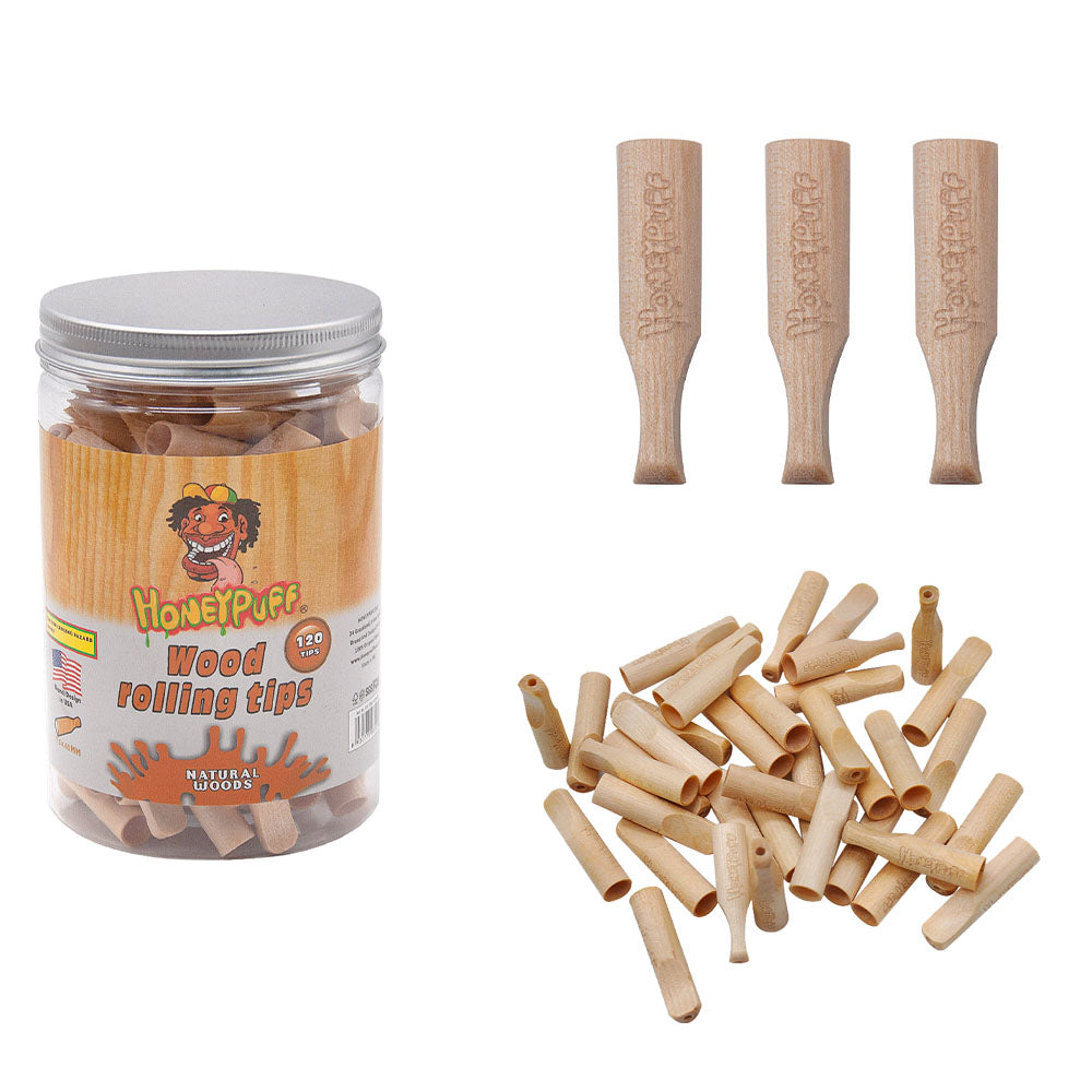 HONEYPUFF Organic Flavored Wood Rolling Filter Tips, 40 mm Cigarette Holder, 120 Tips / Jar