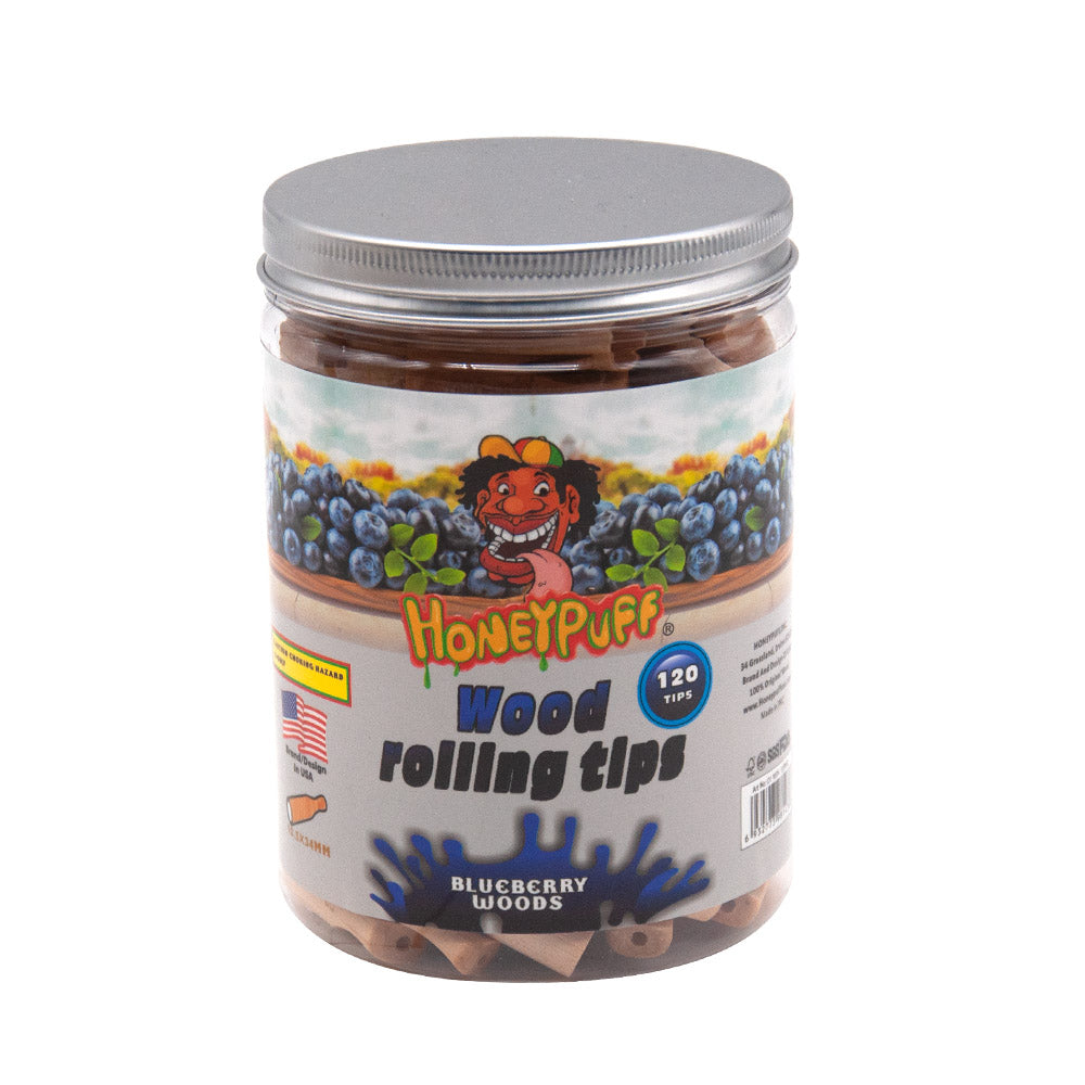 HONEYPUFF Blueberry Flavored Wood Rolling Filter Tips, 34 mm Cigarette Holder, 120 Tips / Jar