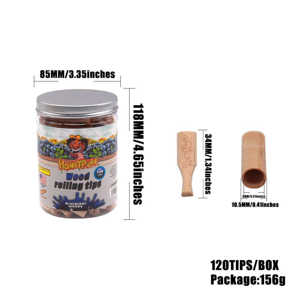 HONEYPUFF Blueberry Flavored Wood Rolling Filter Tips, 34 mm Cigarette Holder, 120 Tips / Jar