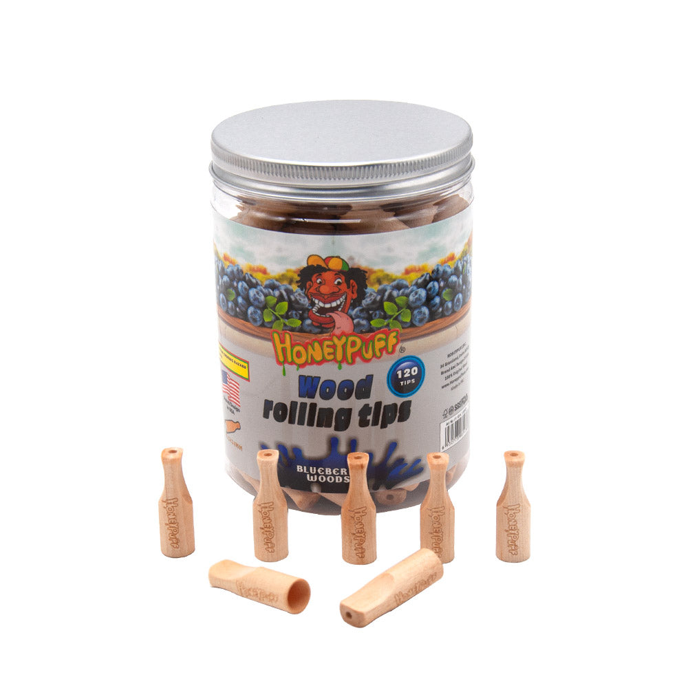 HONEYPUFF Blueberry Flavored Wood Rolling Filter Tips, 34 mm Cigarette Holder, 120 Tips / Jar