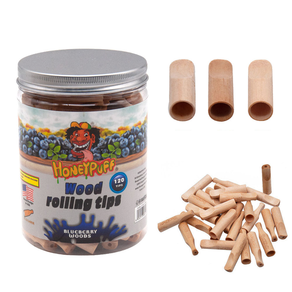 HONEYPUFF Blueberry Flavored Wood Rolling Filter Tips, 34 mm Cigarette Holder, 120 Tips / Jar