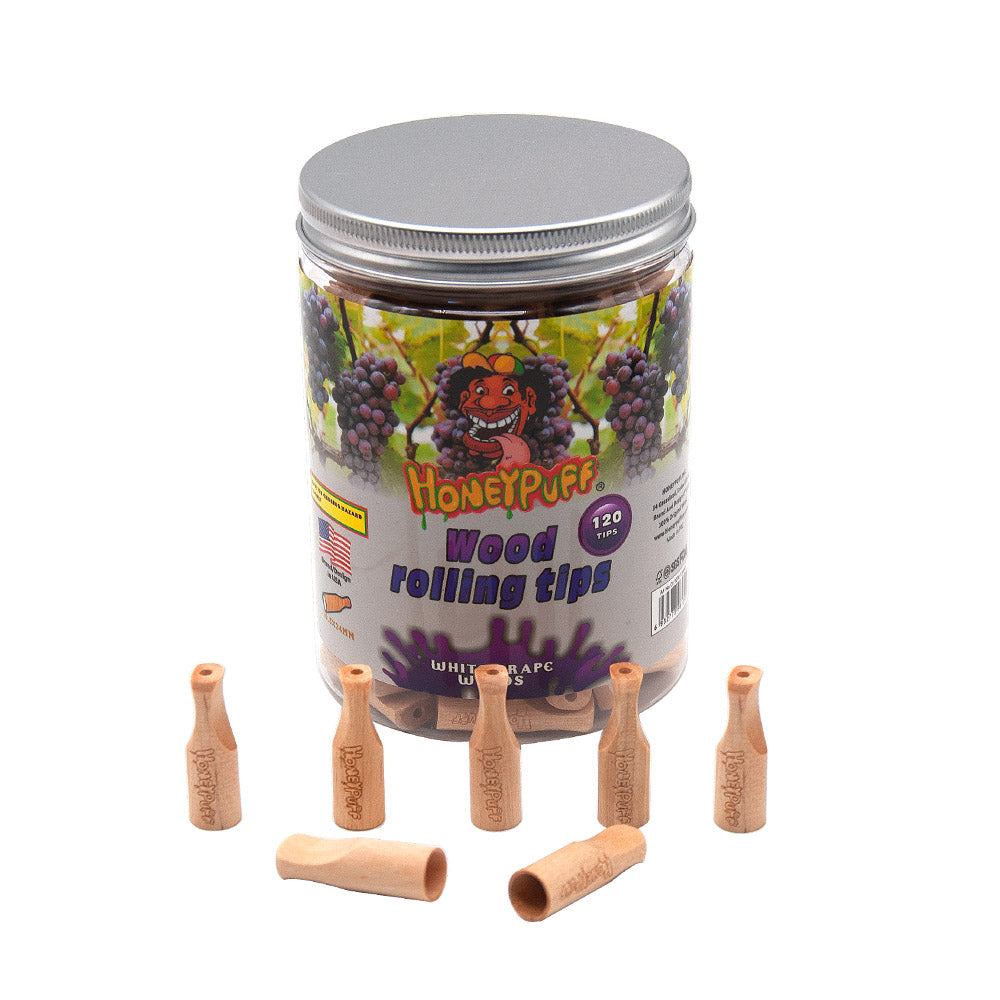 HONEYPUFF Grape Flavored Wood Rolling Filter Tips, 34 mm Cigarette Holder, 120 Tips / Jar