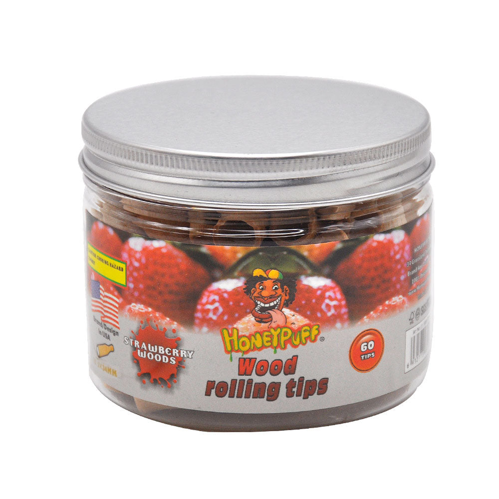 HONEYPUFF Strawberry Flavored Wood Rolling Filter Tips, 34 mm Cigarette Holder, 60 Tips / Jar
