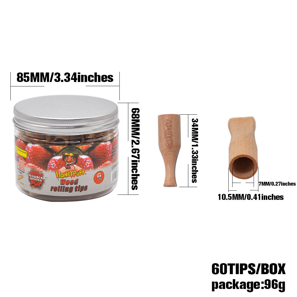HONEYPUFF Strawberry Flavored Wood Rolling Filter Tips, 34 mm Cigarette Holder, 60 Tips / Jar