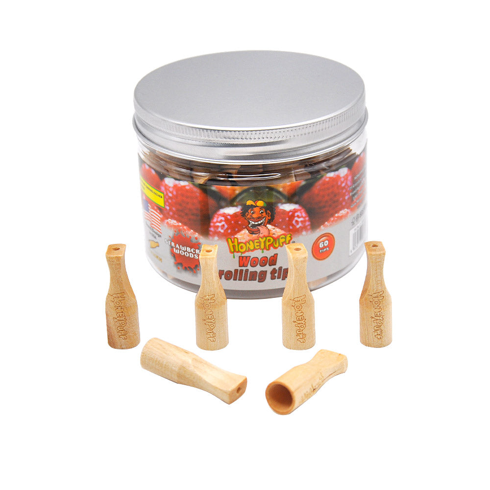 HONEYPUFF Strawberry Flavored Wood Rolling Filter Tips, 34 mm Cigarette Holder, 60 Tips / Jar