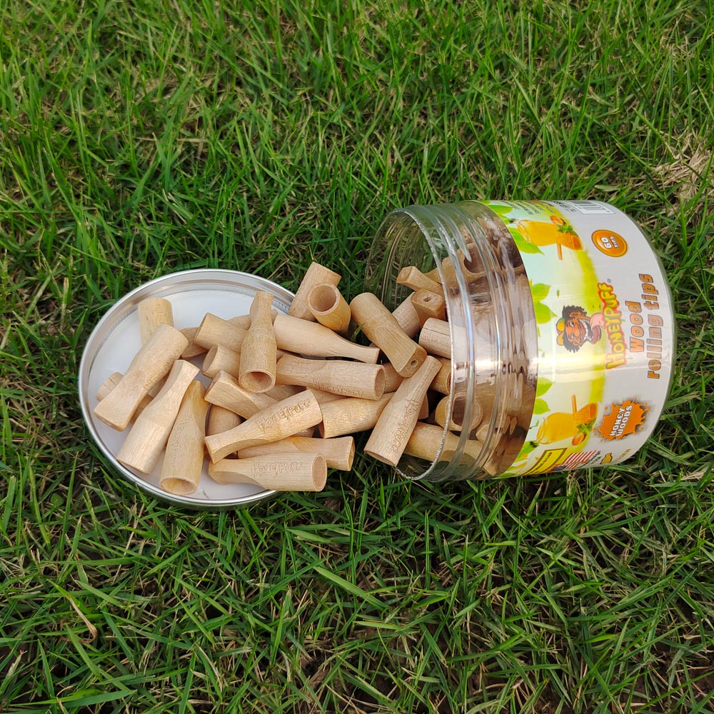 HONEYPUFF Honey Flavored Wood Rolling Filter Tips, 34 mm Cigarette Holder, 60 Tips / Jar