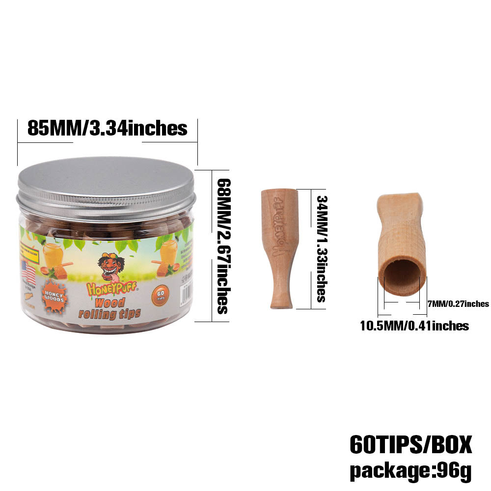 HONEYPUFF Honey Flavored Wood Rolling Filter Tips, 34 mm Cigarette Holder, 60 Tips / Jar