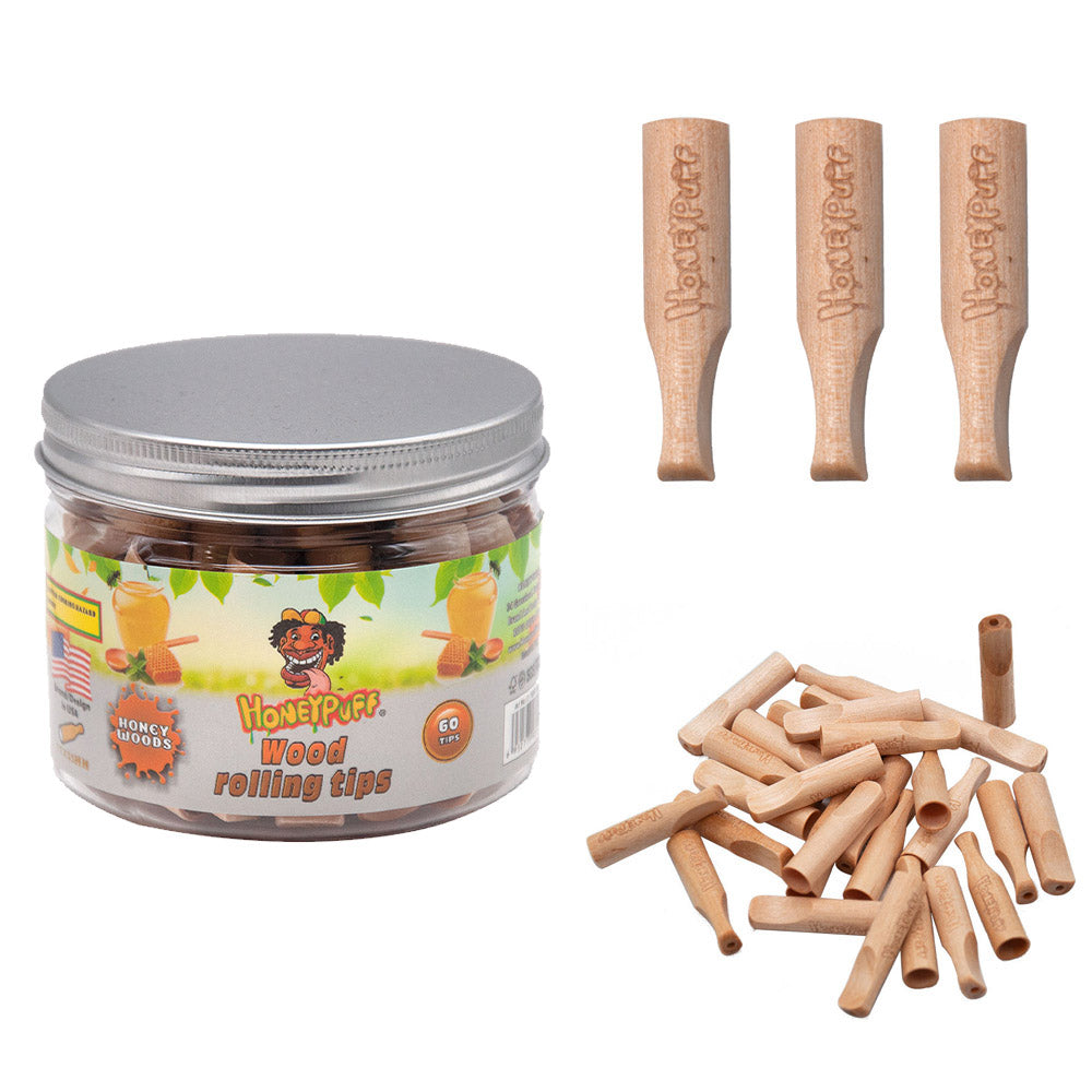 HONEYPUFF Honey Flavored Wood Rolling Filter Tips, 34 mm Cigarette Holder, 60 Tips / Jar