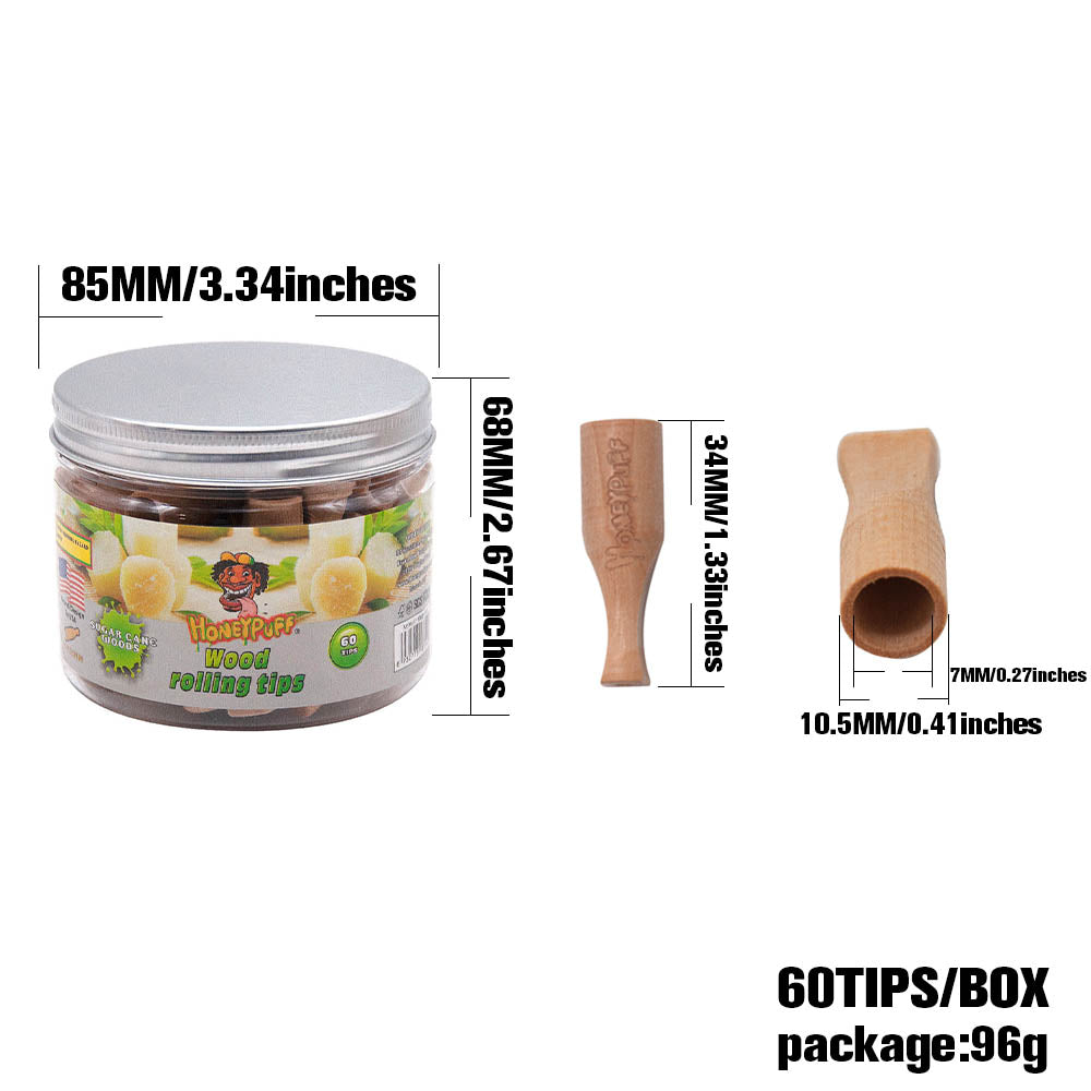 HONEYPUFF Sugarcane Flavored Wood Rolling Filter Tips, 34 mm Cigarette Holder, 60 Tips / Jar