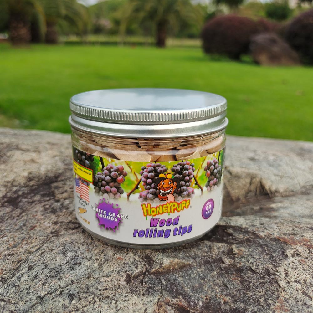 HONEYPUFF White Grape Flavored Wood Rolling Filter Tips, 34 mm Cigarette Holder, 60 Tips / Jar