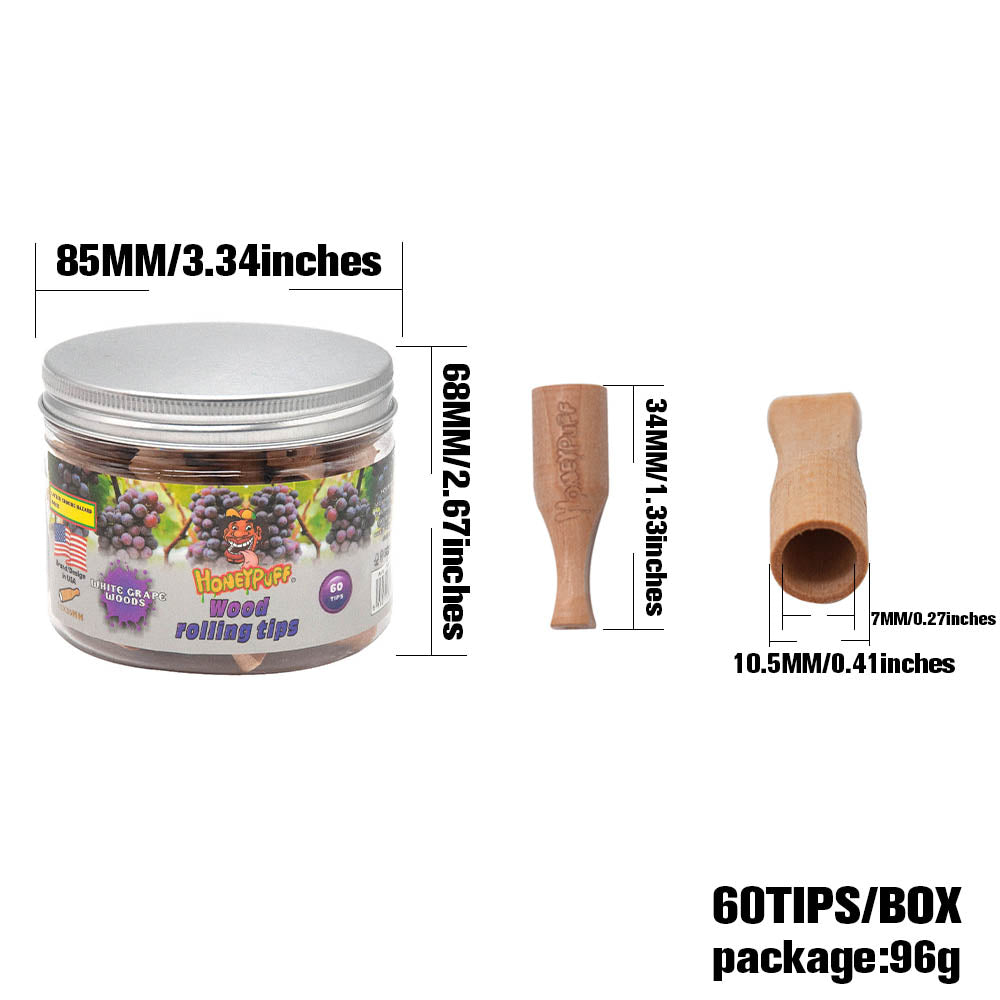 HONEYPUFF White Grape Flavored Wood Rolling Filter Tips, 34 mm Cigarette Holder, 60 Tips / Jar