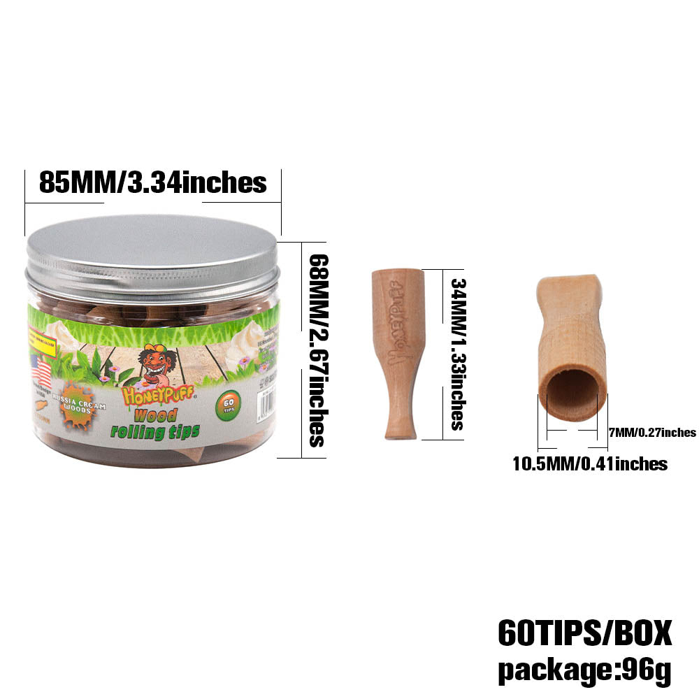 HONEYPUFF Russia Cream Flavored Wood Rolling Filter Tips, 34 mm Cigarette Holder, 60 Tips / Jar